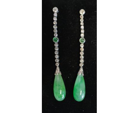 A Pair of Early 20th Century Fine Quality Diamond and Jade Set Ear Drops, each with a line of thirteen diamonds with central 