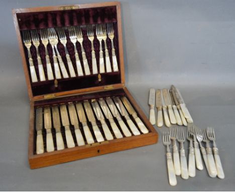 A Cased Set of Twelve Mother of Pearl Handled Dessert Knives and Forks, together with a loose set of mother of pearl handled 
