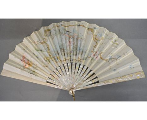 A 19th Century Mother of Pearl and Silk Leafed Fan, hand painted with a cartouche depicting an eloping courting couple amongs