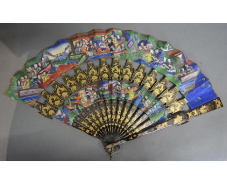 An Early 19th Century Chinese Mandarin Cabriolet Fan, the lacquered axe head sticks with fine gilding unusually with two pape