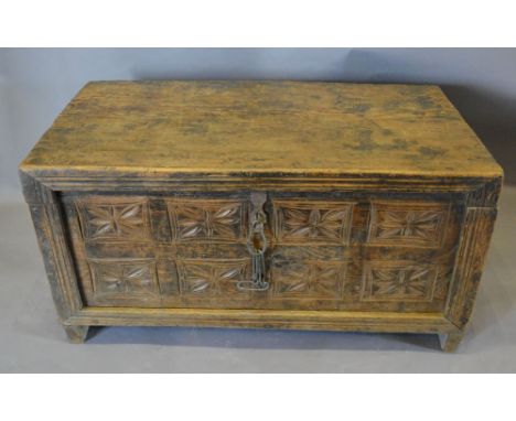 An Oriental Carved Wooden Trunk with Iron Escutcheon, 86 cms wide