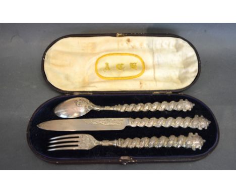 A Victorian Silver Three Piece Christening Set comprising Spoon, Fork and Knife within Fitted Lined Case, Sheffield 1873