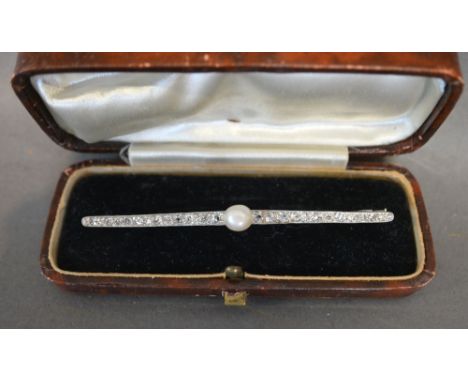 A White and Yellow Gold Diamond and Pearl Set Bar Brooch, with central pearl flanked by diamonds within a pierced setting, 7.
