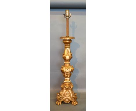 An 18th Century Style Gilded and Cream Large Table Lamp with paw feet, 90 cms tall