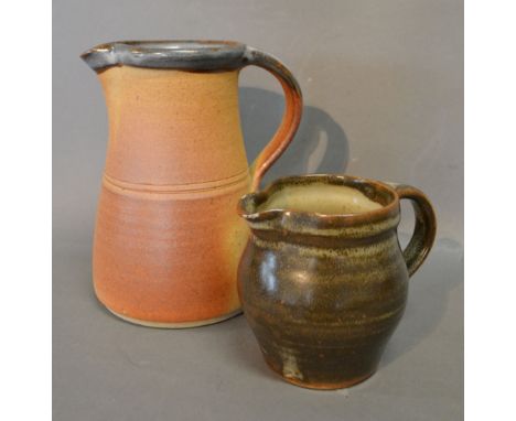 A Studio Pottery Jug by Bernard Leach, 10 cms tall, together with another similar Studio Pottery jug by John Leach, 19 cms ta
