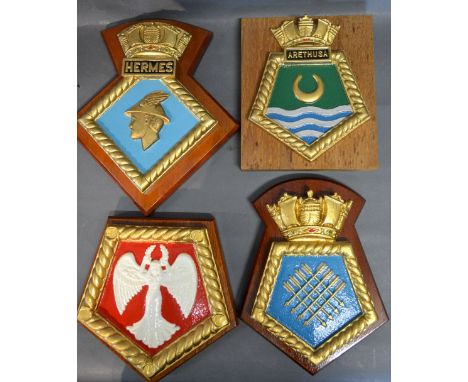 A Group of Four Painted Metal Ship's Badges to include Arethusa, Hermes, Sheffield and Victorious