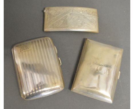 A Birmingham Silver Card Case of Concave Form with Engraved Decoration, together with two Birmingham silver cigarette cases