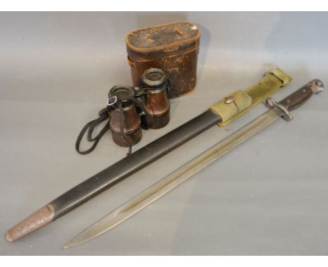 A First World War British Bayonet with Scabbard, together with a pair of leather cased field glasses