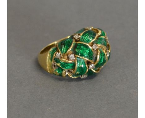 A Tested 18ct. Yellow Gold Dress Ring of Woven Design, set with green enamel and inter-spaced with diamonds