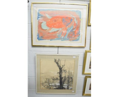 Terry Lee (20th century) Sheffield, pencil heightened with white, 56cm by 65cm; together with after David Koster, Goldfish, s