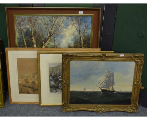 British School (20th century) A ship at full sail, monogrammed oil on canvas; together with a 20th century woodland scene oil