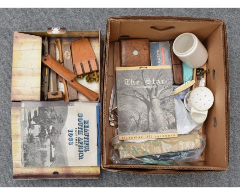 Assorted antique woodworking tools; various razors and shaving memorabilia; loom shuttle; plated cutlery etc 