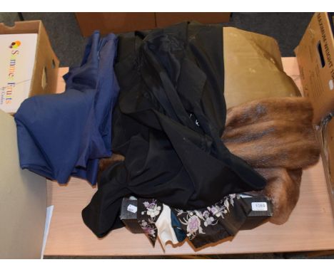 A quantity of embroidered linens; pyjama cases; gloves; a musquash fur coat; a mink fur coat; embroidered jacket etc