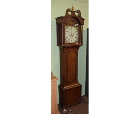 An oak eight day longcase clock, arched painted dial inscribed Craven Lyon, Bridlington