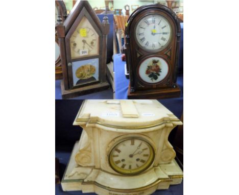 ~ An American mantle clock; a 19th century rosewood cased mantle clock; a poastmans wall timepiece and a white marble present