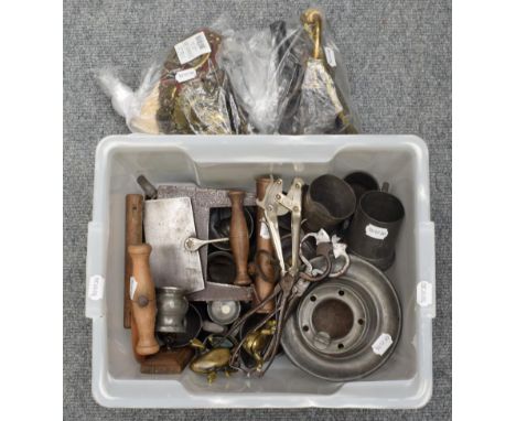 A collection of horse brasses; 18th/19th century pewter wares; other metal wares; also a collection of vintage tools etc (qty