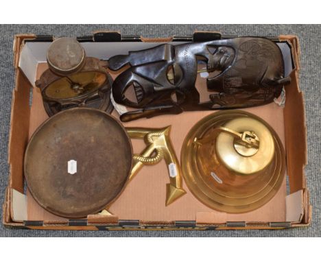 A brass ship's bell; a brass anchor; a Salter family scale and a carved African mask (4)