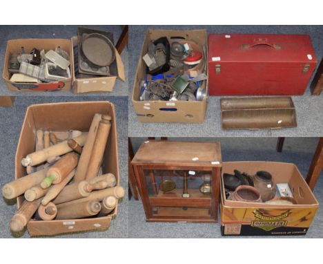 Chemical balance scales in a mahogany and glazed case, four boxes of kitchenalia and a picnic hamper (8)