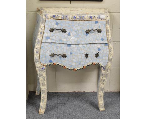 A modern two drawer bombe commode cabinet with tile fragment mosaic finish, 72cm high