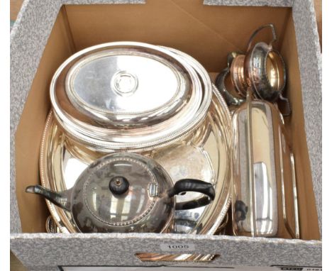 A group of silver-plate including: an oblong entree-dish and cover; a pair of oval entree-dishes and covers, with detachable 