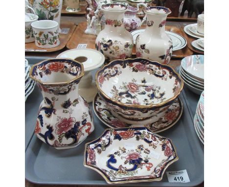 Tray of mainly Masons Ironstone 'Blue Mandalay' design china to include: two baluster vases, a trinket tray, centre bowl, pla