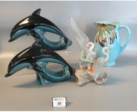 Group of china items to include two large Poole Pottery dolphins, a Beswick baluster shaped coconut tree jug - shape no.1073,