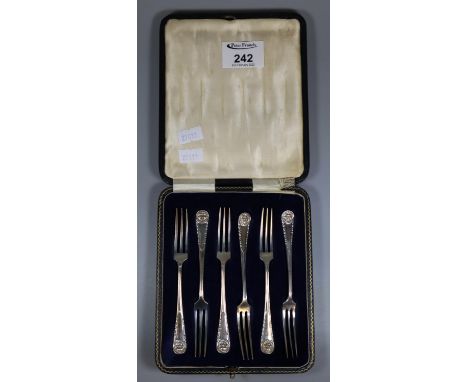 Set of six silver pickle forks by James Dixon & son with mask lion terminals in original case. 2.6oz troy approx.(B.P. 21% + 