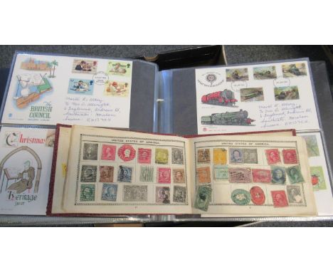 All world selection of early stamps in old album; New Zealand 1984 year book and GB First Day Covers in green album, 1951 to 