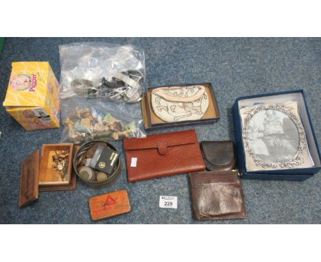 Box of oddments to include tin tub of GB coins, leather wallet, silver plated picture frame, various watches, box containing 