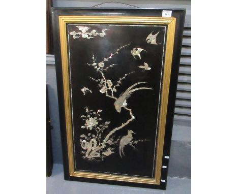 Early 20th Century Japanese lacquered and mother of pearl inlaid framed panel, depicting birds amongst foliage and prunus. Fr