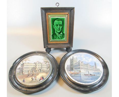 Original 19th century prattware pot lid 'The New Houses of Parliament, Westminster', and another similar 'Buckingham Palace',
