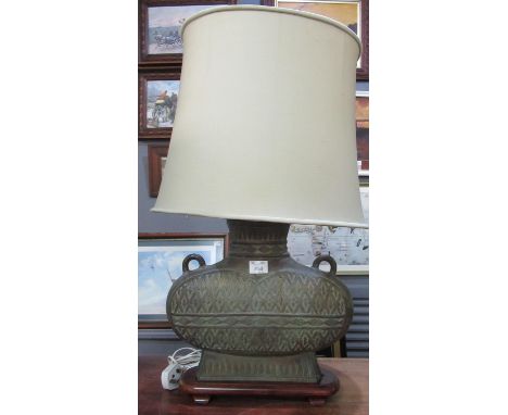 Chinese design metal geometric vase lamp with shade on hardwood base. (B.P. 21% + VAT) 