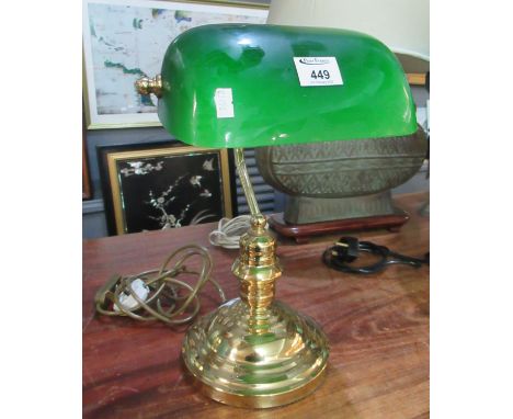 Green glass shade and brass based office table lamp. (B.P. 21% + VAT) 