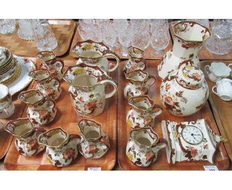 Two trays of Mason's Ironstone 'Brown Velvet' to include: 10 similar sized smaller jugs and two larger jugs, a ginger jar, a 