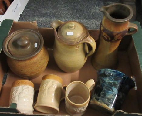 Box of Art Pottery to include: Gwili Pottery planter decorated with fish, three 19th Century Staffordshire beer mugs in cream