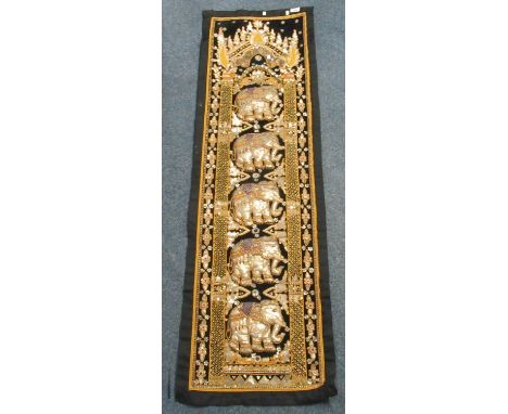 Indian fabric table runner or wall hanging with sequin, beaded and faux pearl decoration in the form of elephants. (B.P. 21% 