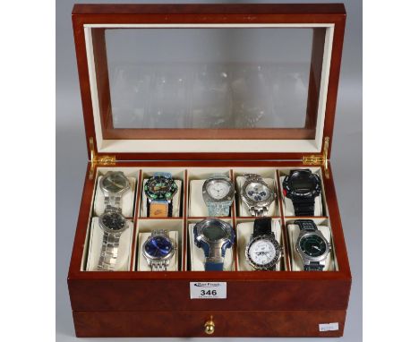 Burr walnut finish watch box containing assorted watches, Nike, Casio, etc. (B.P. 21% + VAT)Good condition overall, more watc