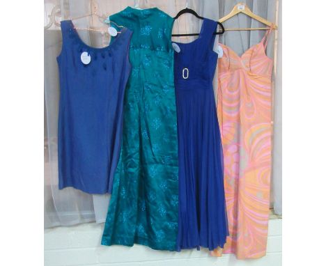 Four vintage dresses (60's-70's) to include; a spaghetti strap multi-coloured psychedelic design maxidress, a blue silk eveni