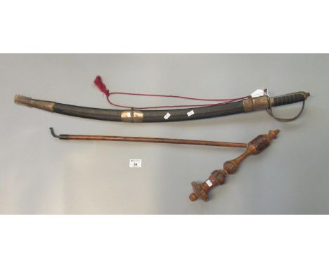 Large carved yew wood smoking pipe, together with a traditional Indian tulwar ceremonial sword and scabbard. (2)(B.P. 21% + V