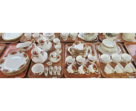 Three trays of Royal Albert 'Old Country Roses' to include: two teapots, sucrier, two milk jugs, sugar basin, six teacups and