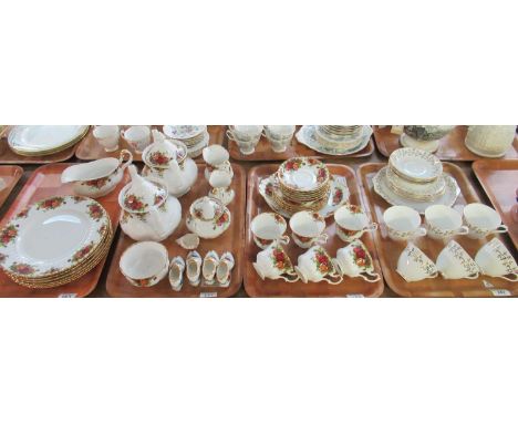 Three trays of Royal Albert 'Old Country Roses' to include: two teapots, sucrier, two milk jugs, sugar basin, six teacups and