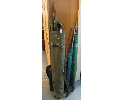 Collection of fishing equipment to include various vintage and other rods, landing nets, parasols, etc.(B.P. 21% + VAT) 