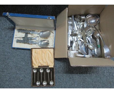 Box of metalware to include; a cased Norwegian pewter bar set, various loose plated cutlery including; Mappin & Webb, souveni