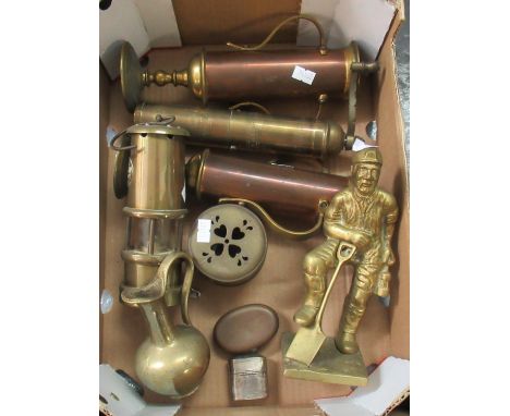 Box of metalware to include; a miniature Welsh miner's lamp, miniature ewer, a pair of copper and brass two handled vases, br