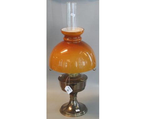 Mid Century oil  lamp having clear glass chimney, opaline glass brown mushroom shade on a brass base. (B.P. 21% + VAT) 