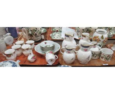 Two trays of assorted china to include; Royal Albert 'Old Country Roses' English fine bone china mugs and celery vase, Czech 