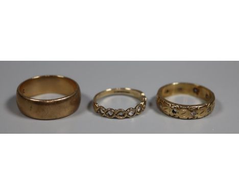 9ct gold wedding ring and two 9ct gold rings set with white stones.  Ring size R, N and K&1/2. Approx weight 11.4 grams.  (B.