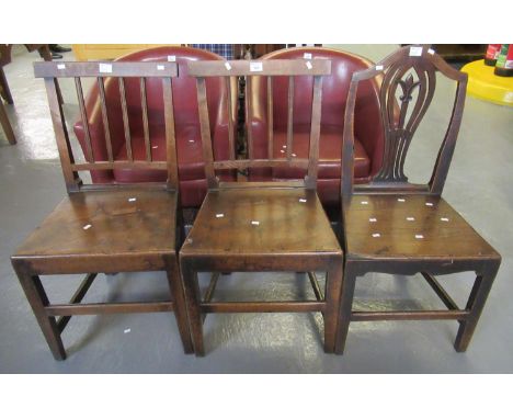 Pair of early 19th century oak stick back farmhouse kitchen chairs, together with another 19th century oak camel back kitchen