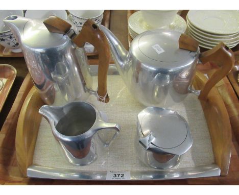 Tray of Picquot aluminium ware to include: teapot, coffee pot, jug and sucrier on a melamine and aluminium tray. (B.P. 21% + 