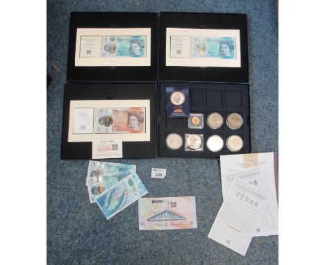 Collection of GB coinage and notes to include commemorative crowns, 5 pound notes, presentation The First UK Polymer Five Pou